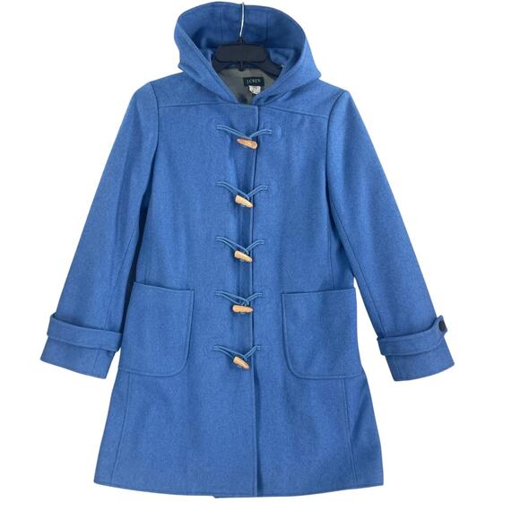 J.Crew Coat Womens Medium Blue Hooded Toggle Duffle Wool Blend Lined Pockets - Picture 1 of 13